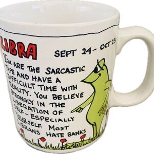 Libra Zodiac Mug with Green Cartoon frog Design horoscope astrology vintage